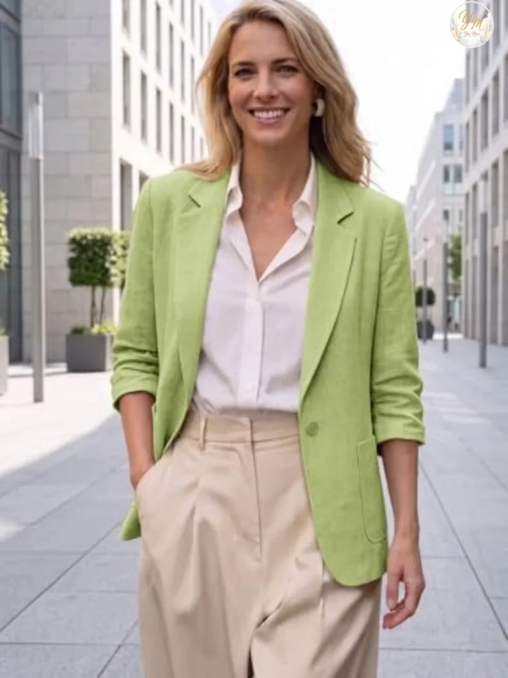 Women's Linen Blazer - Lightweight 3/4 Sleeve Ruched, Notch Lapel, Pockets